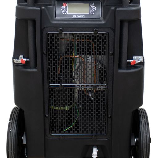 XPOWER XD-165L 165-Pint LGR Commercial Dehumidifier with Automatic Purge Pump, Drainage Hose, Handle and Wheels for Water Damage Restoration, Clean-up Flood, Basement, Mold, Mildew - close up backview