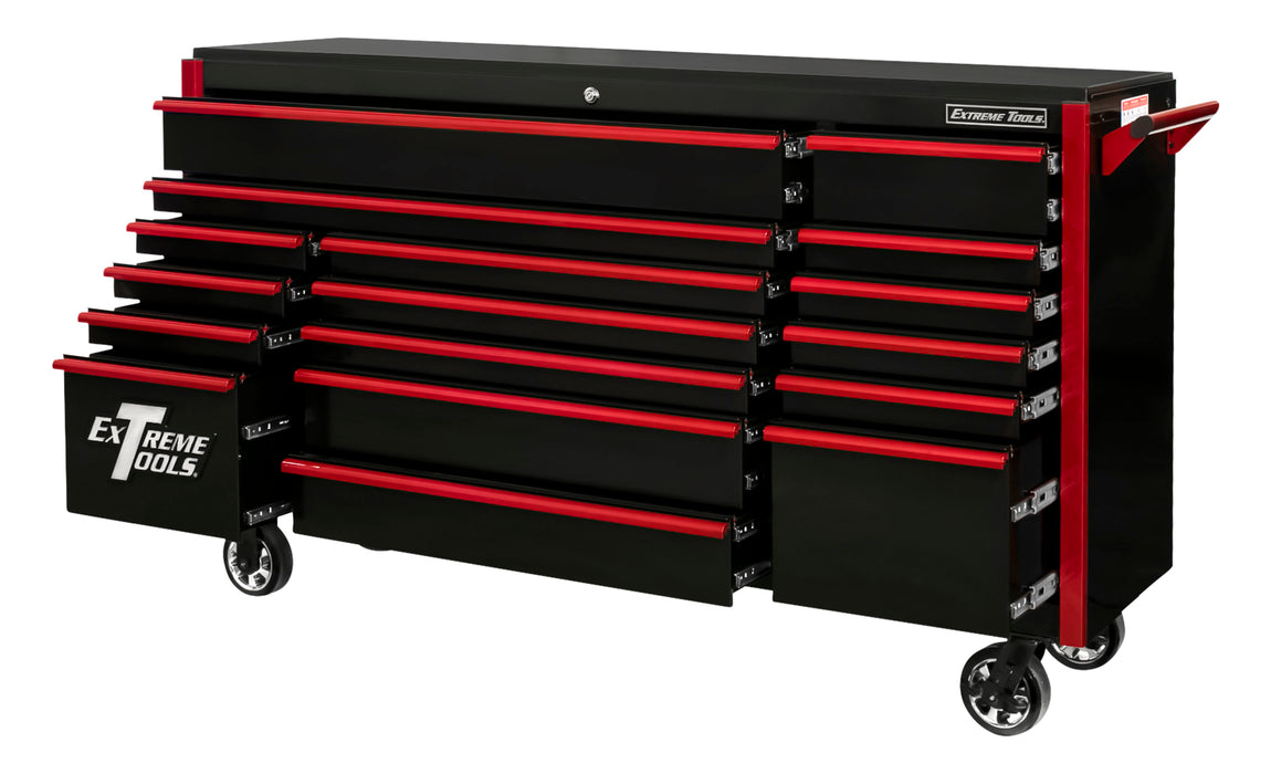 Exteme Tools DX Series 72in W x 21in D 17 Drawer Triple Bank Roller Cabinet 100 lbs Slides with Drawer Pulls