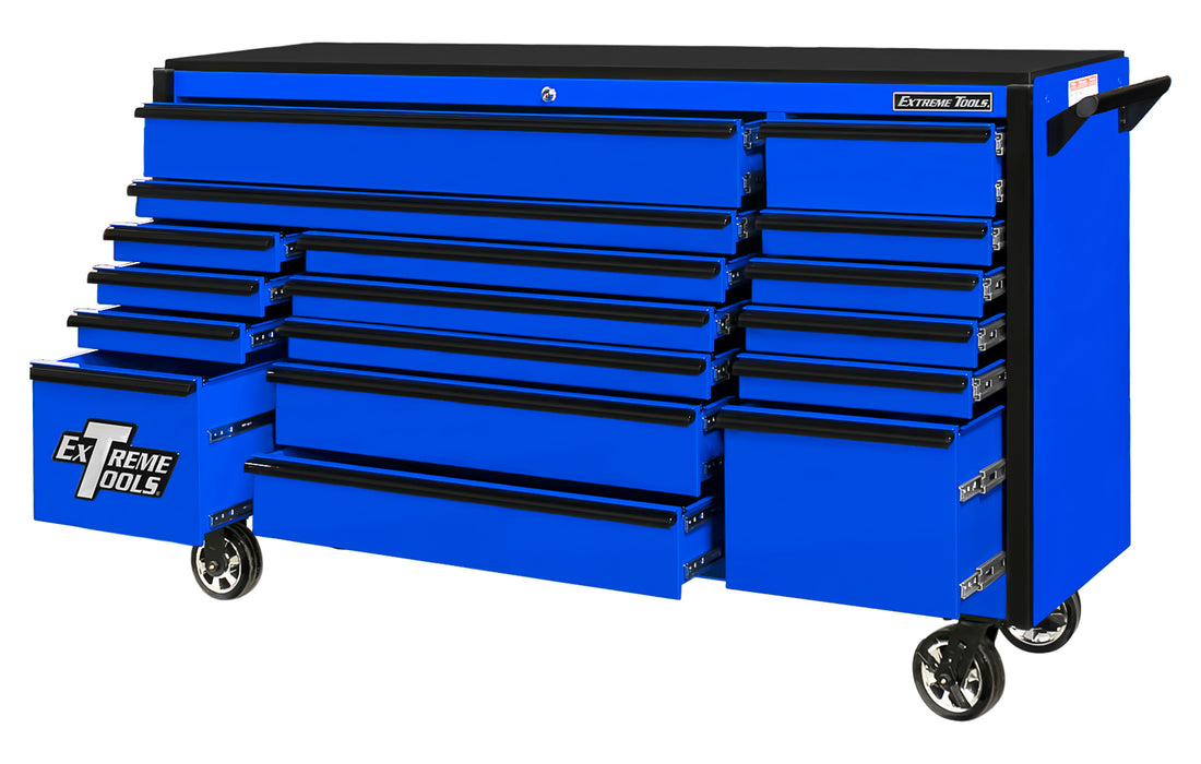 Exteme Tools DX Series 72in W x 21in D 17 Drawer Triple Bank Roller Cabinet 100 lbs Slides with Drawer Pulls