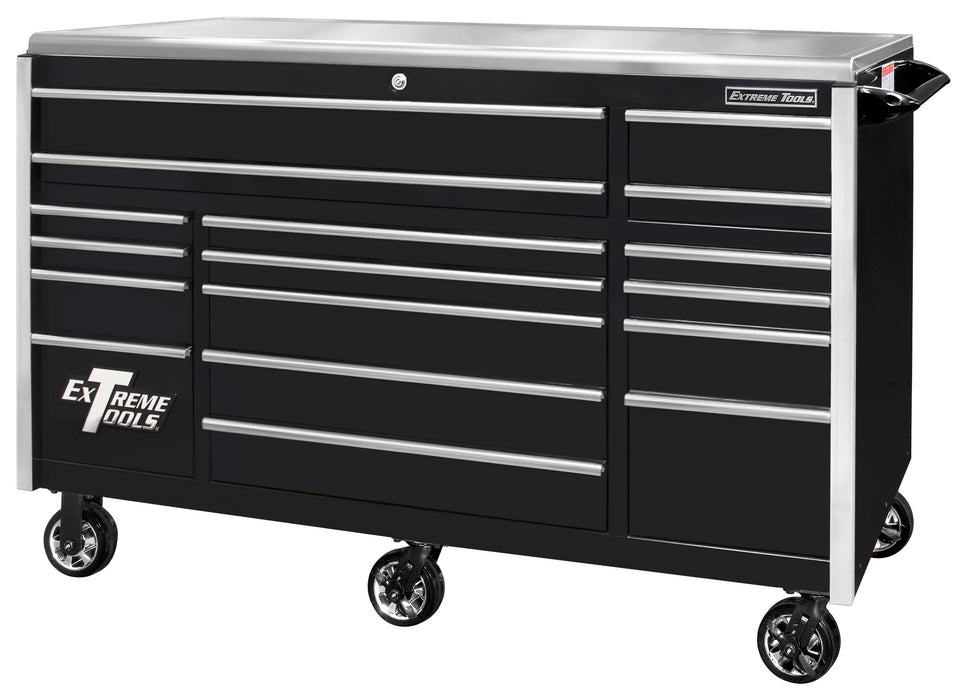 Extreme Tools EXQ Series 72in W x 31in D 17 Drawer Triple Bank Professional Roller Cabinet 300 lbs Slides EX Quick Release Drawer Pulls with Drawer Pulls