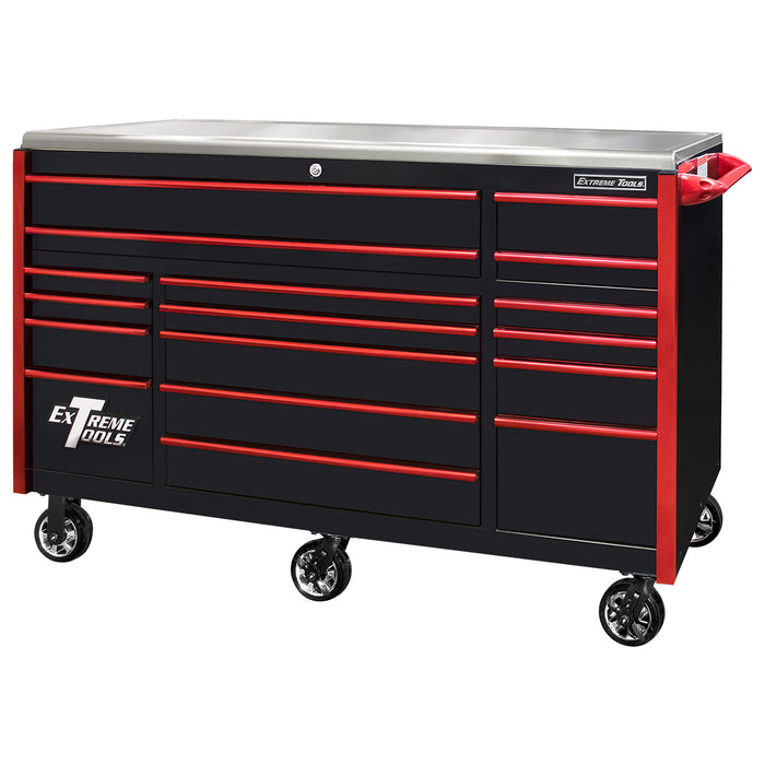 Extreme Tools EXQ Series 72in W x 31in D 17 Drawer Triple Bank Professional Roller Cabinet 300 lbs Slides EX Quick Release Drawer Pulls with Drawer Pulls