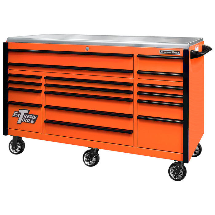 Extreme Tools EXQ Series 72in W x 30in D 17 Drawer Professional Triple Bank Roller Cabinet EX Quick Release Drawer Pulls 300 lbs Slides Orange with Black Drawer Pulls