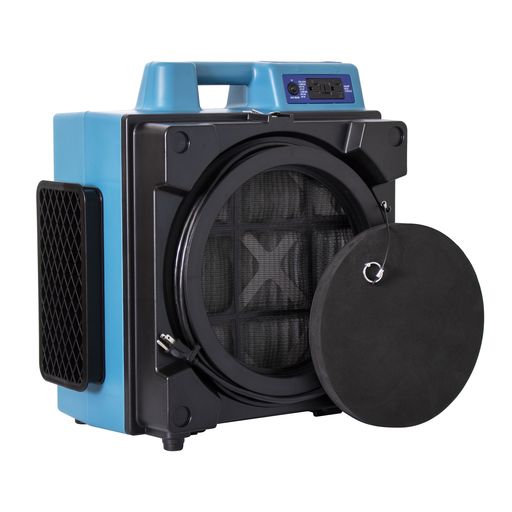 XPOWER X-4700AM Professional 3 Stage Filtration HEPA Purifier System, Negative Air Machine, airborne Air Cleaner, Air Scrubber with Built-in GFCI Power Outlets and Hour Meter - angled view with open sides