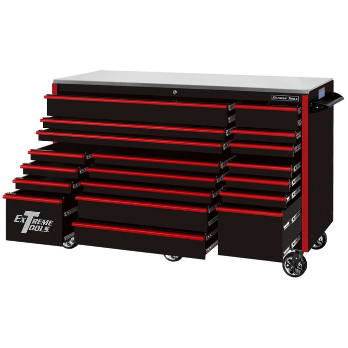 Extreme Tools RX Series 72in W x 30in D 19-Drawer Roller Cabinet 250 lb. Slides with Black Drawer Pulls