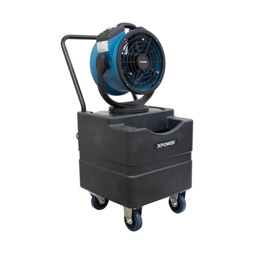 XPOWER FM-68WK Multipurpose Oscillating 3 Speed Outdoor Cooling Misting Fan with Built-In Water Pump, Hose, and WT-45 Mobile Water Reservoir Tank - angled view
