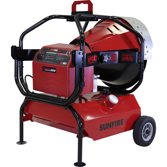 SUNFIRE SF120 Portable Radiant Heater, Max Heat Output 120,000 BTU, Dual Fuel Radiator - right facing angled backview