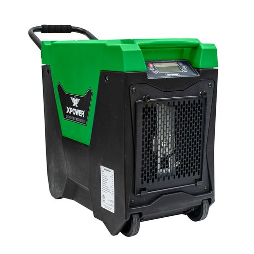 XPOWER XD-85L2 145-Pint LGR Commercial Dehumidifier with Automatic Purge Pump, Drainage Hose, Handle and Wheels for Water Damage Restoration, Clean-up Flood, Basement, Mold, Mildew - angled view green 